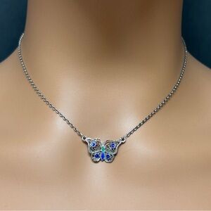 Delicate Silver Blue Enameled Butterfly Pendant Necklace